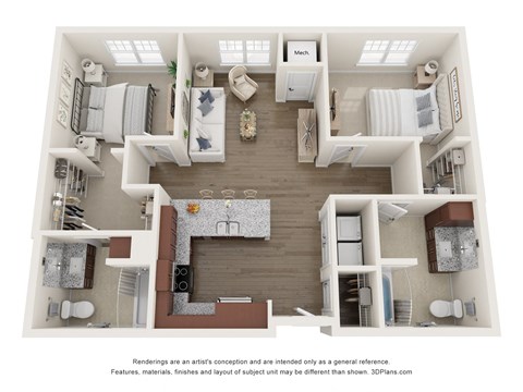 3d floor plan of a 2 bedroom apartment